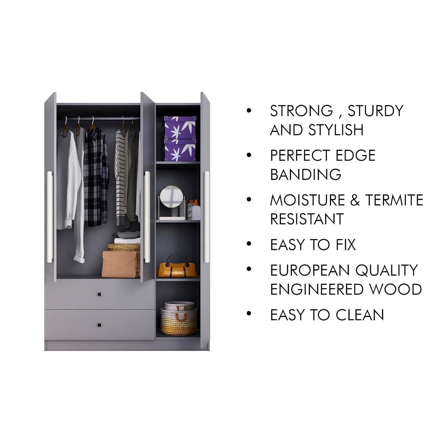 Bniture Wooden Almirah for Clothes, Door for Bedroom, 3 Door Wardrobe with 2 Drawer &amp; Hanging Space (40D x 120W x 180H CM) | 3 Year Warranty (Giant Wood &amp; Slate Grey) - View 6